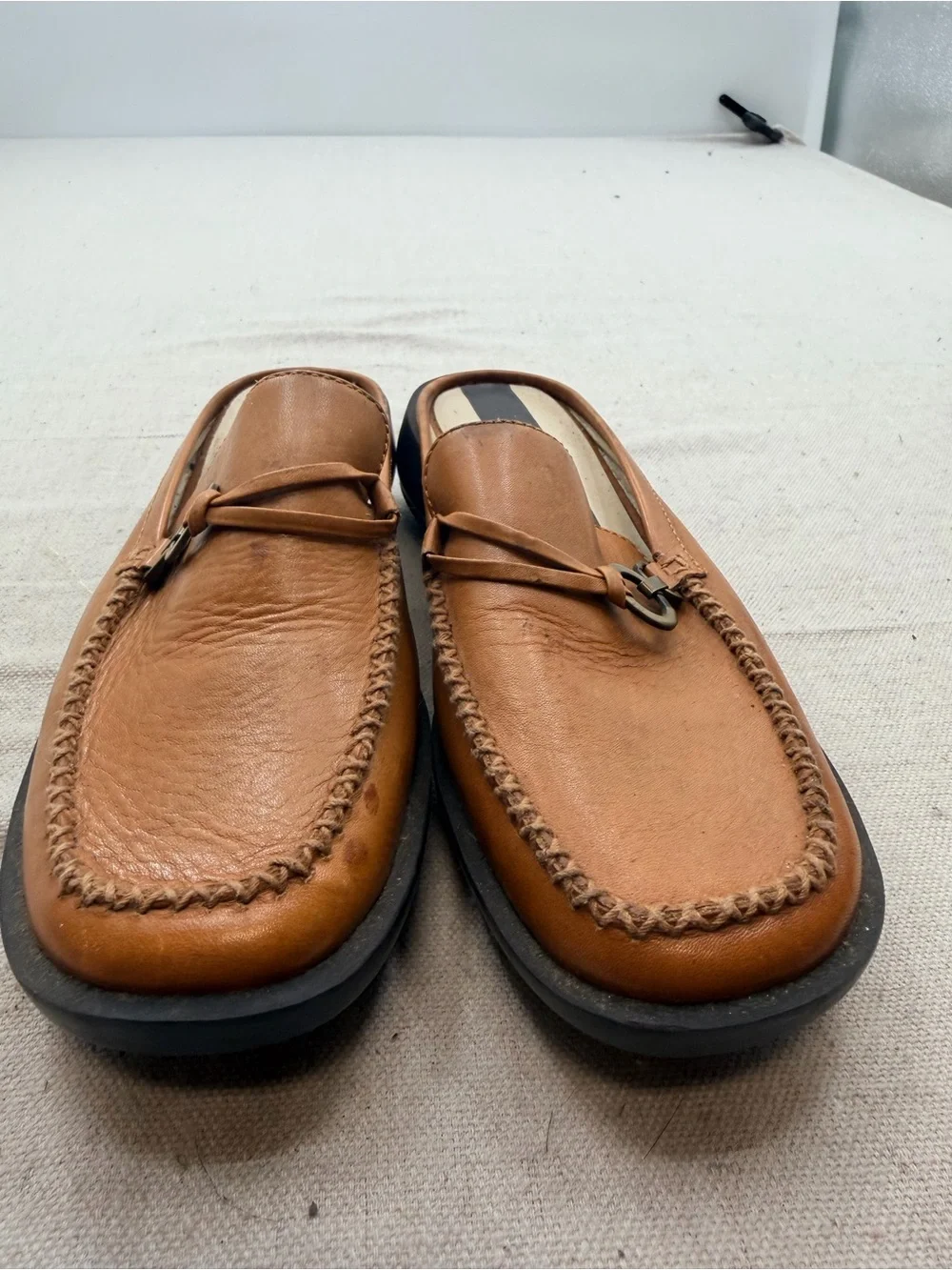 BCBG Paris Brown Leather Slip-On Loafers with Metal Bit
